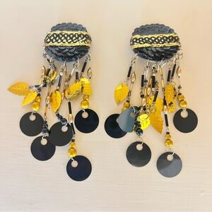 Vintage Black & Gold Statement Clip On Earrings Boho Fringe 80s